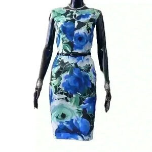 Connected Apparel NWT Blue Multi Floral Keyhole Belted Sheath Dress Size 10P